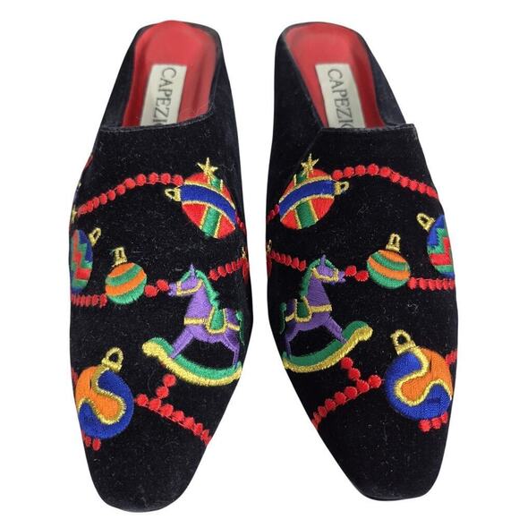 VTG 80s Capezio Black Velvet Holiday Mules Heels Holiday Themed Sz 9 - Picture 2 of 9